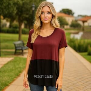 Lush Stitch Fix Maroon Black Colorblock Top Sheer Mixed Media Scoop Neck Size M